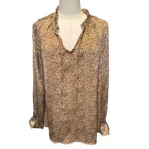 Sabrina Lauren Women Leopard Print Ruffle Neck Long Sleeve Blouse Size S NEW